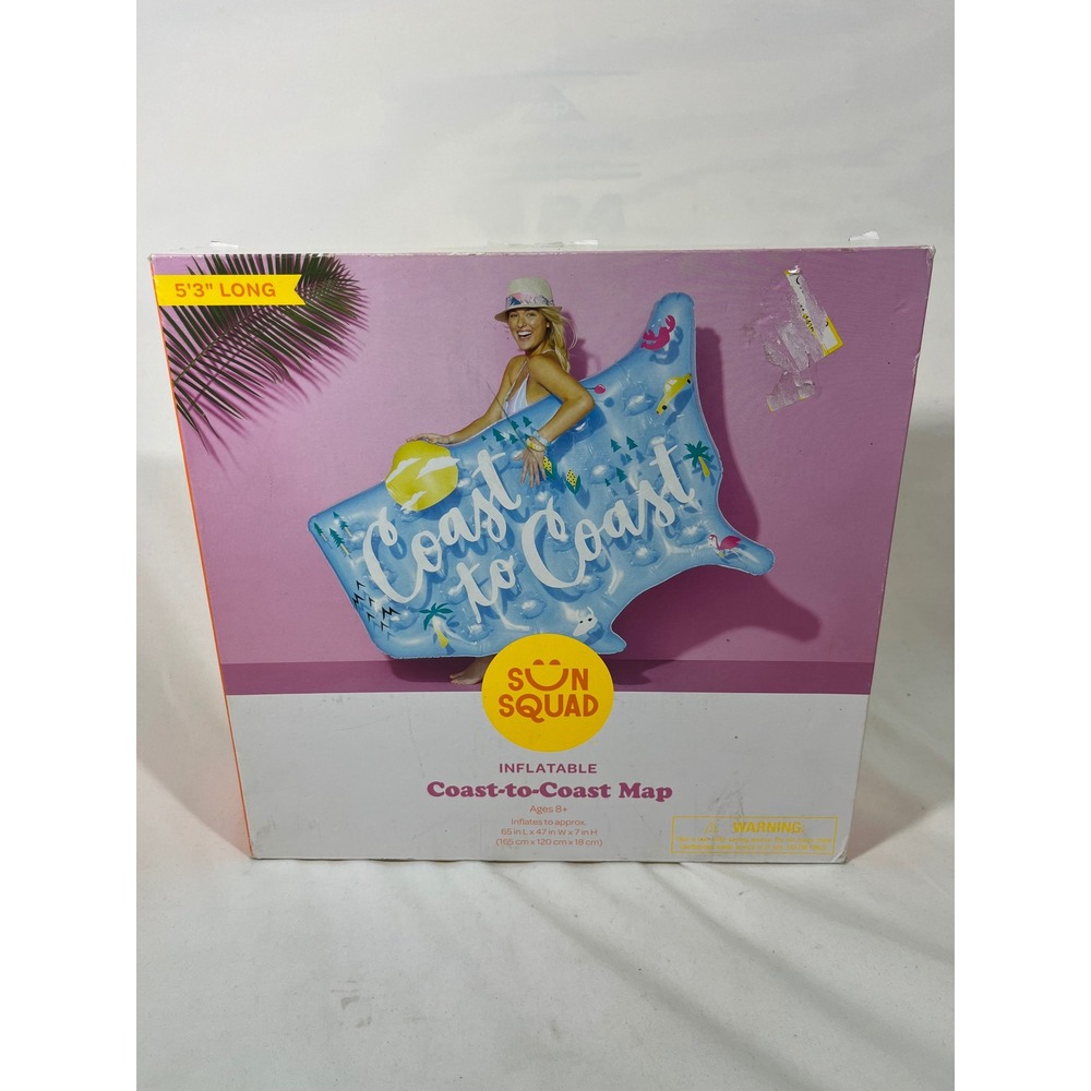 Sun Squad Inflatable Coast-to-Coast Map Pool Float Blue USA 65in x 47in Summer‎